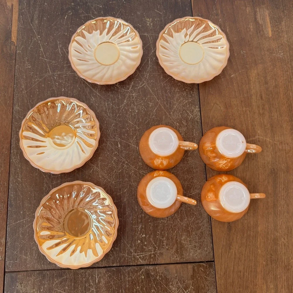 Anchor Hocking‎ Fire Ring Orange Peach Lusterware Carnival Glass Cup Saucer Set